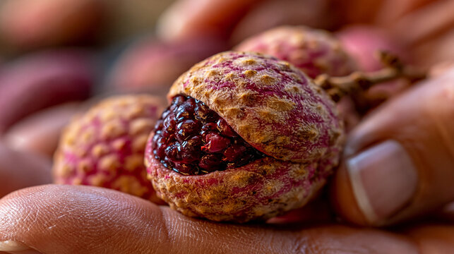Fresh peeled lychee fruit held in human palm with tropical delicious vitamins nutrition