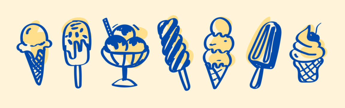 Cute hand drawn ice cream doodle set with cones, popsicles and sundae bowl in modern retro offset style for summer menu, cafe branding and packaging, vector illustration