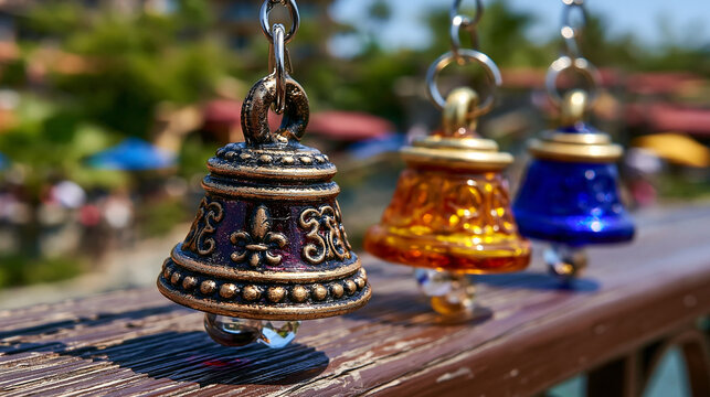 Three colorful decorative metal bells hanging on railing with colorful, decoration