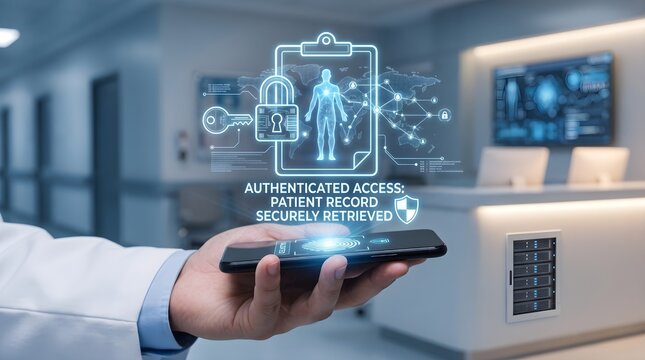 A doctor holding a smartphone with a glowing holographic display for secure authenticated access to patient medical files.