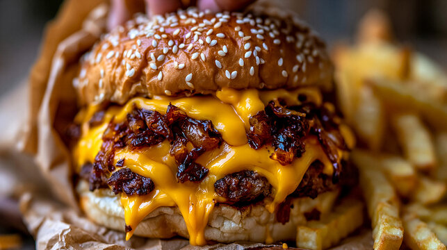 Gourmet double cheeseburger with bacon and melted cheese on brown paper