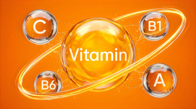 Vitamin c b1 b6 and a capsules floating with an orange background