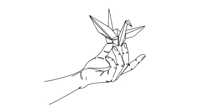 Hand holding origami crane, delicate line art illustration