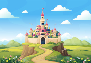Fototapeta premium Medieval background. Fantasy kingdom, fairytale cloud on magic hill, old king road in mountains. Castle landscape. Fortress on hill with towers. Vector scene cartoon isolated illustration