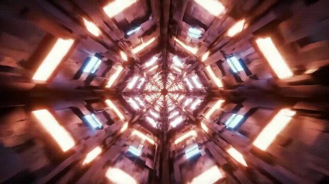 Abstract Futuristic Tunnel with Dynamic Neon Lights and Symmetrical Glow.
