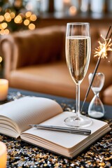 Obraz premium Cozy New Year celebration at home with champagne flute, open notebook and sparkler on table