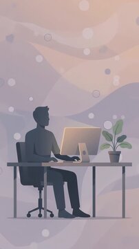 Flat vector animation of a man working on a desktop computer with abstract background, ai generated