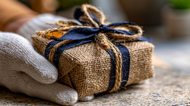 Hands in work gloves holding a small gift package with wrapping handmade surprise