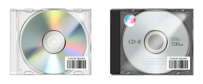 Cd case. Clear disc mockup, blank ep music box with iridescent retro album texture. Compact disc, media storage packaging, realistic plastic boxes product mockup. Vector isolated set