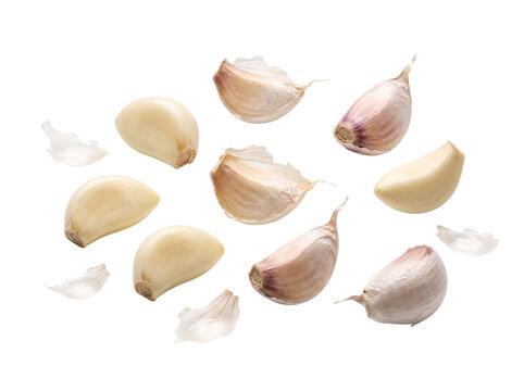 Scattered garlic cloves with peeling skin on a white png isolated on transparent background