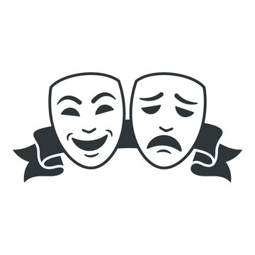 Theater comedy and tragedy masks with ribbons side by side icon