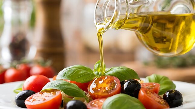 Extra virgin olive oil being poured over a fresh caprese salad with tomatoes mozzarella and black olives