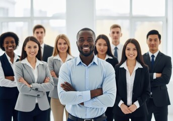 Fototapeta premium Confident African American Leader Standing with Diverse Professional Business Team in Modern Office Environment
