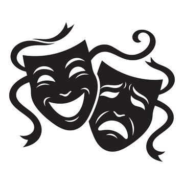Theatrical comedy and tragedy masks in black on white background icon