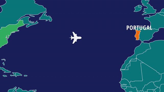 Flight Map Animation Showing Airplane Route Travelling From USA to Portugal. Perfect visual for video editors, content creators, and marketing agencies needing high-end geographical transitions.