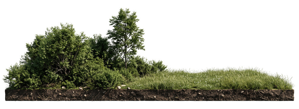Grassy terrain with lush green foliage and exposed soil presented on transparent background