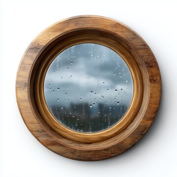 Charming wooden porthole window adorned with raindrops creating a cozy atmosphere on a cloudy day