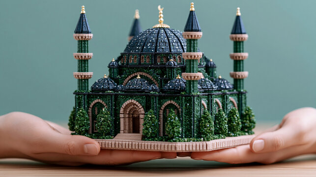 Hands holding a decorative mosque model for cultural celebration with religion