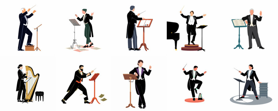 Collection of vector illustrations featuring diverse orchestra conductors and a harpist in formal concert attire, performing classical music on a white background.