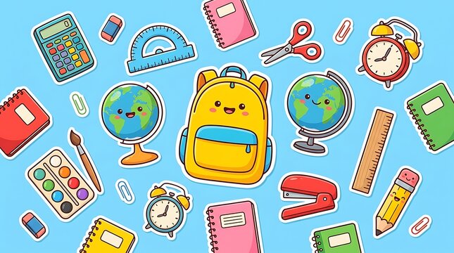 Cute cartoon school supplies pattern with a yellow backpack globe and various stationery items on a blue background