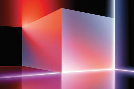 Glowing neon cube with gradient light and reflective floor in an abstract geometric composition