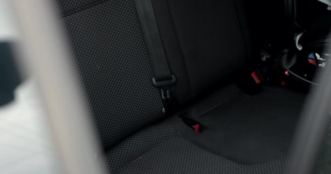 Man putting black travel backpack on car back seat before forest road trip with sound