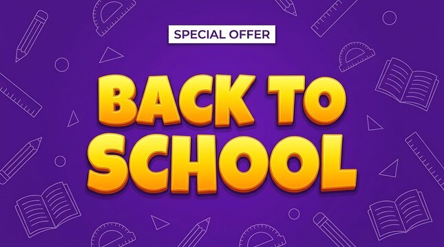 Back to school banner with bold yellow text on a purple background featuring various educational line art icons