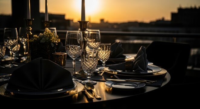 Elegant Dining Table Setting At Sunset With Cityscape View