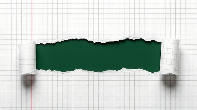 A horizontal strip of white grid paper torn open to reveal a dark green background for copy space