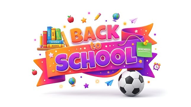 Colorful back to school banner design with 3d typography and various educational supplies on a white background