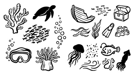 Obraz premium Ocean life and underwater icons black vector set