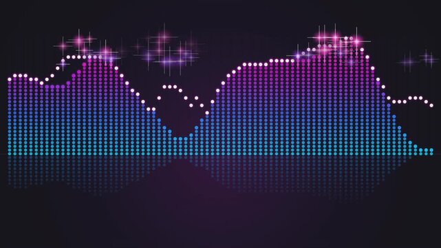 Digital equalizer pulse music animation waveform graphic with sparkling lights and reflection.