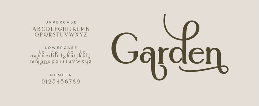 Garden, Elegant alphabet letters font and number. Typography Luxury classic lettering serif fonts decorative vintage retro concept. vector illustration