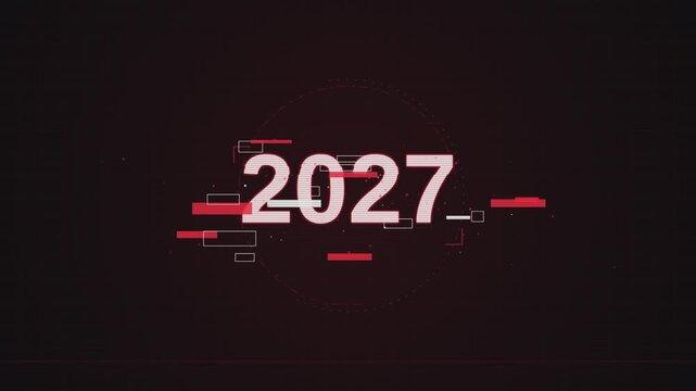 Digital motion background featuring countdown year 2027 with futuristic glitch effects and neon lights.