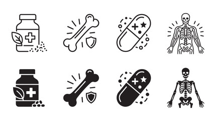 Fototapeta premium Medical health care and skeletal system icon set with skeleton pharmacy medicine healthcare supplement treatment