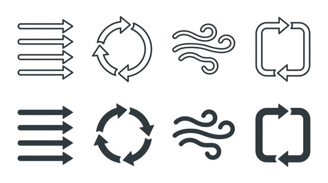 Directional flow and circular cycle icon collection with linear and solid arrow symbols direction movement rotation