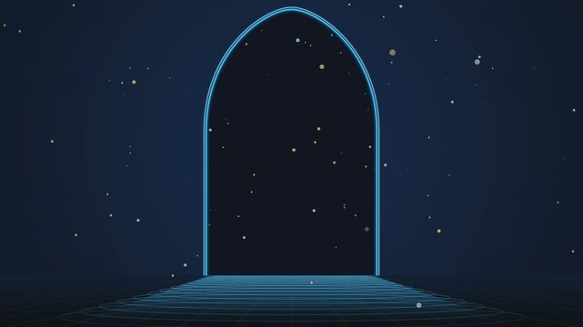 Futuristic neon archway motion background featuring glowing portal with flying particles in space.