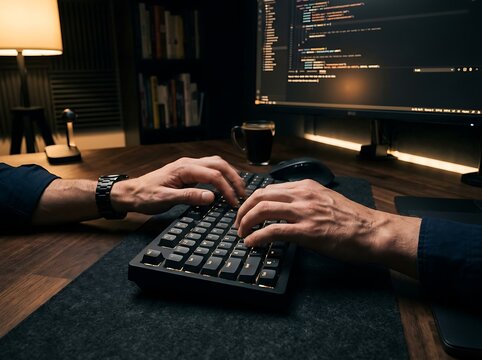 Developer hands typing on a mechanical keyboard at a wooden desk with a computer monitor displaying code in a dimly lit home office workspace