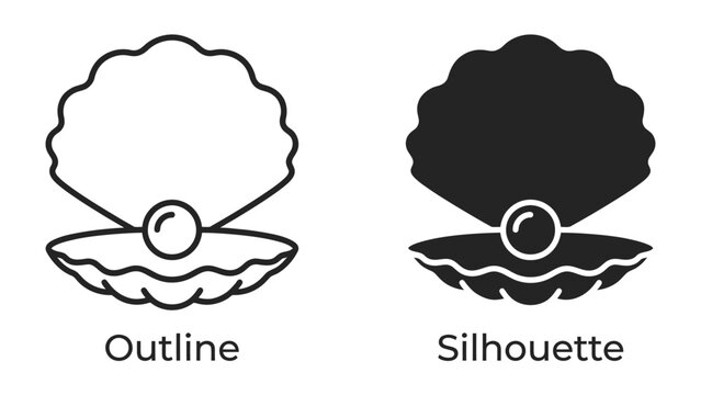 Oyster and Pearl Icon: A stylized representation of an open oyster shell revealing a lustrous pearl, presented in both outline and silhouette formats.