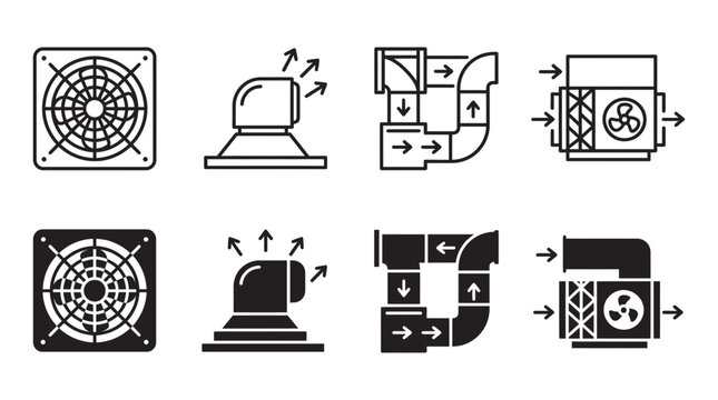 Industrial air ducting and ventilation system components icon set with ventilation industrial circulation engineering
