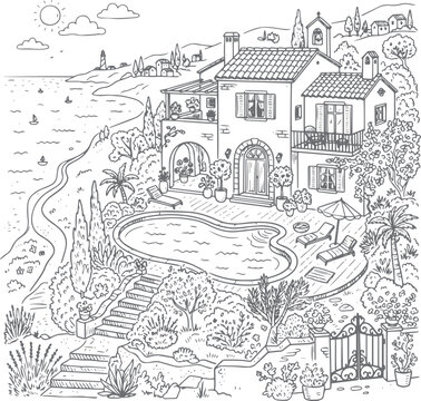 Mediterranean villa with pool hand drawn vector
