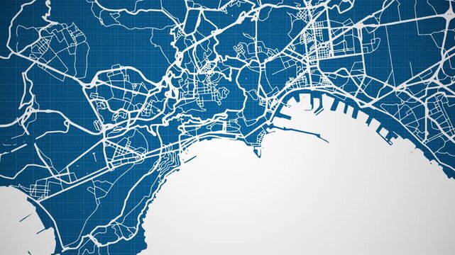 Ink reveal animation of Naples city, Campania, Italy, grid map. Aerial top view. Blueprint style. White lines with blue background. 4K Seamless loop.