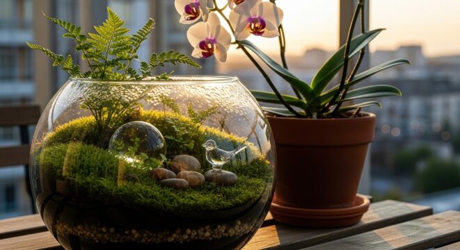 Enchanting Terrarium Garden With Orchid Blooms and City View At Sunset