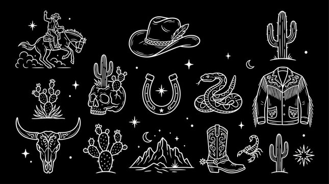 Western Cowboy Line Art Vector Icon Set on Black Background