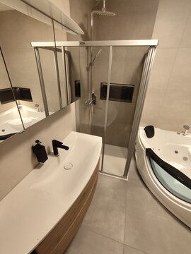 Modern Bathroom Interior with Vanity Glass Shower Stall and Jacuzzi Tub in Minimalist Style.