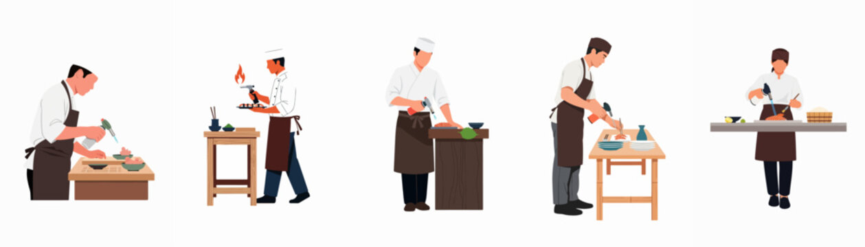A collection of five flat vector illustrations of professional sushi chefs using blowtorches to prepare aburi style sushi on a white background.