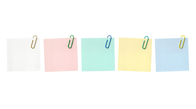 Colorful notes or cards about the size of a business card, held together with paperclips