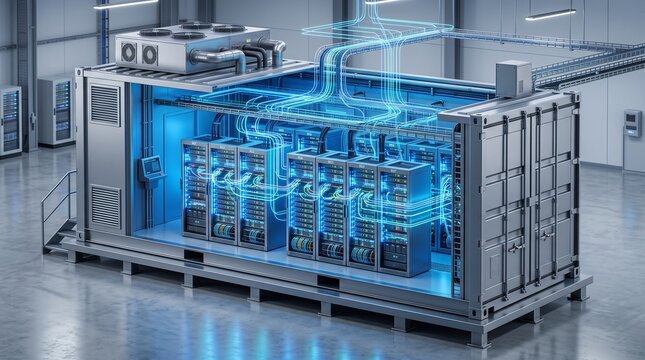 Isometric Modular Edge Data Center Container With Server Racks, Glowing Data Connections and Advanced Cloud Infrastructure Visualization