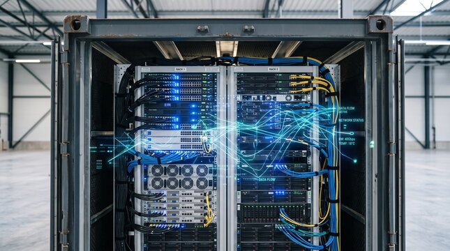 Close Up Modular Edge Data Center Container Interior With Illuminated Server Racks and Glowing Network Infrastructure Visualization