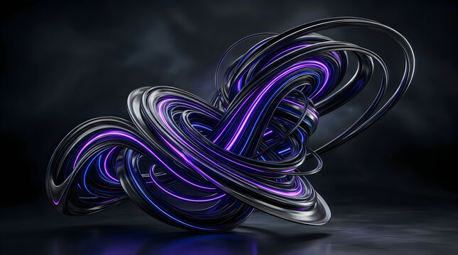 Abstract 3d shape with swirling metallic rings and glowing purple light lines on black background